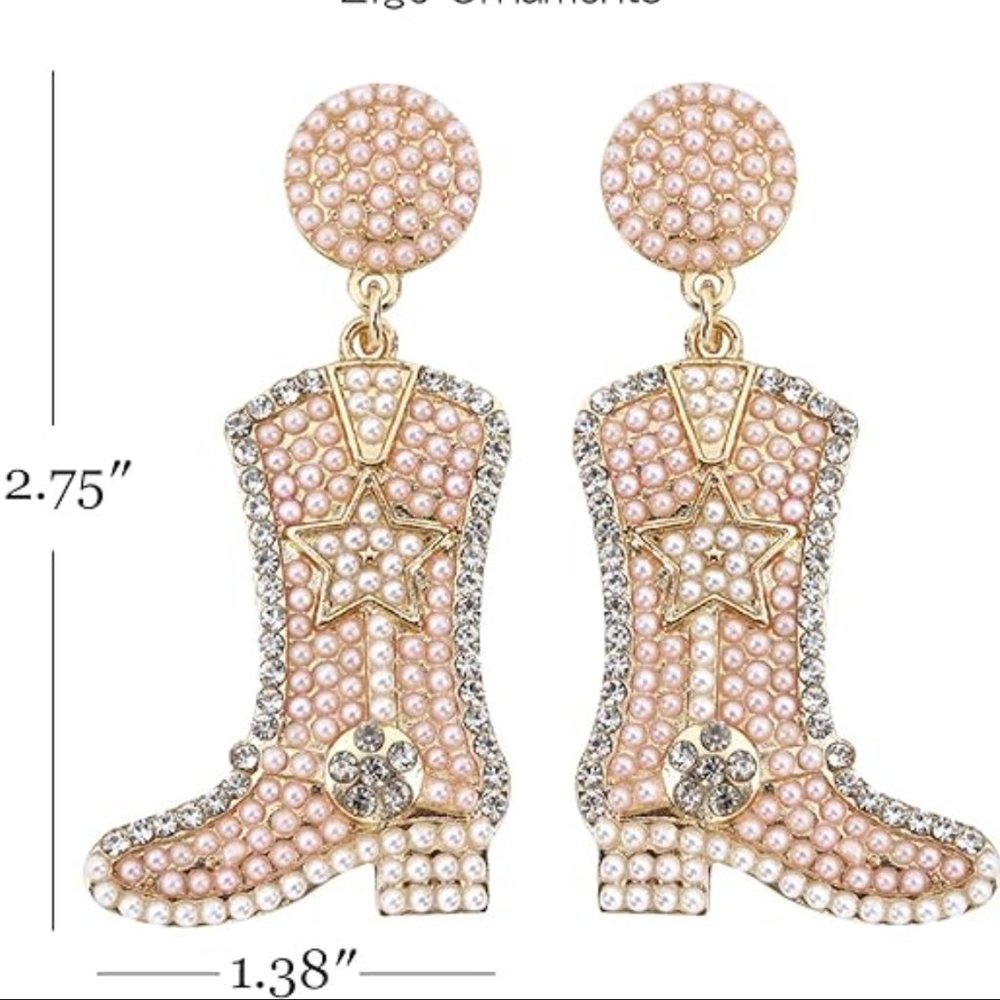 Sparkly Pink Pearl & CZ Diamond Western Cowgirl Cowboy Boots Dangle Earrings NEW - Picture 3 of 4